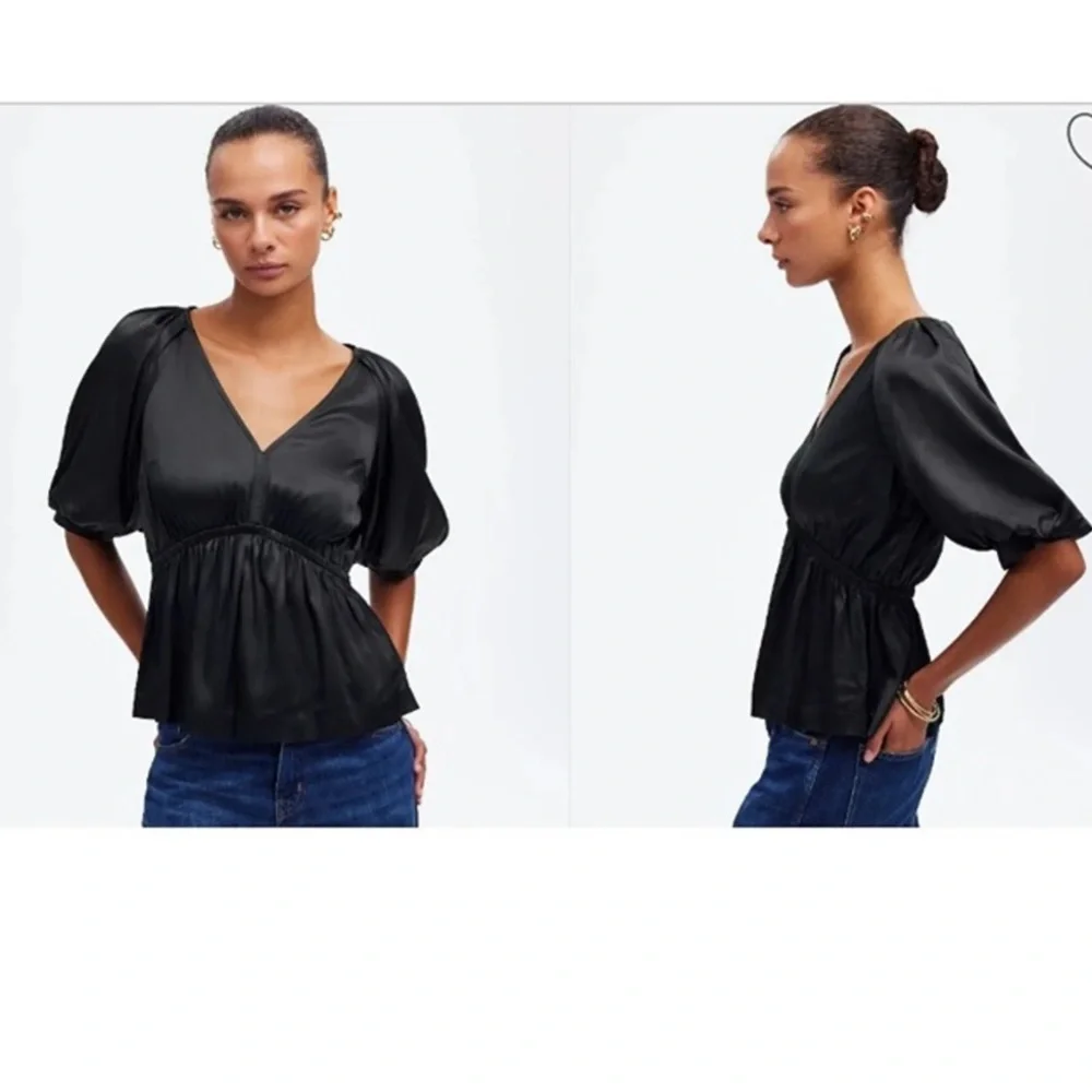 Madewell Shirred Puff-Sleeve Top in Satin XSmall